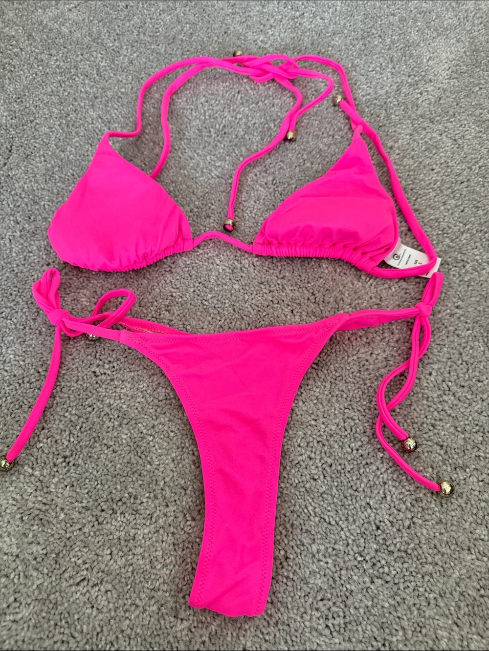 Hot Pink Triangle String Bikini Top & Bottom - Women Swim